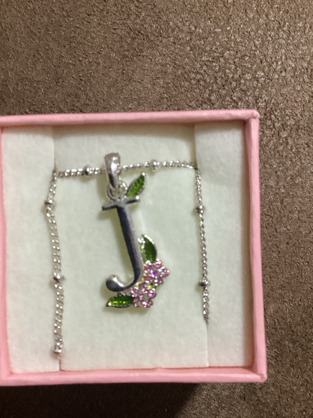 Silver Initial J Pendant Necklace with Pink Flower and Green Leaves